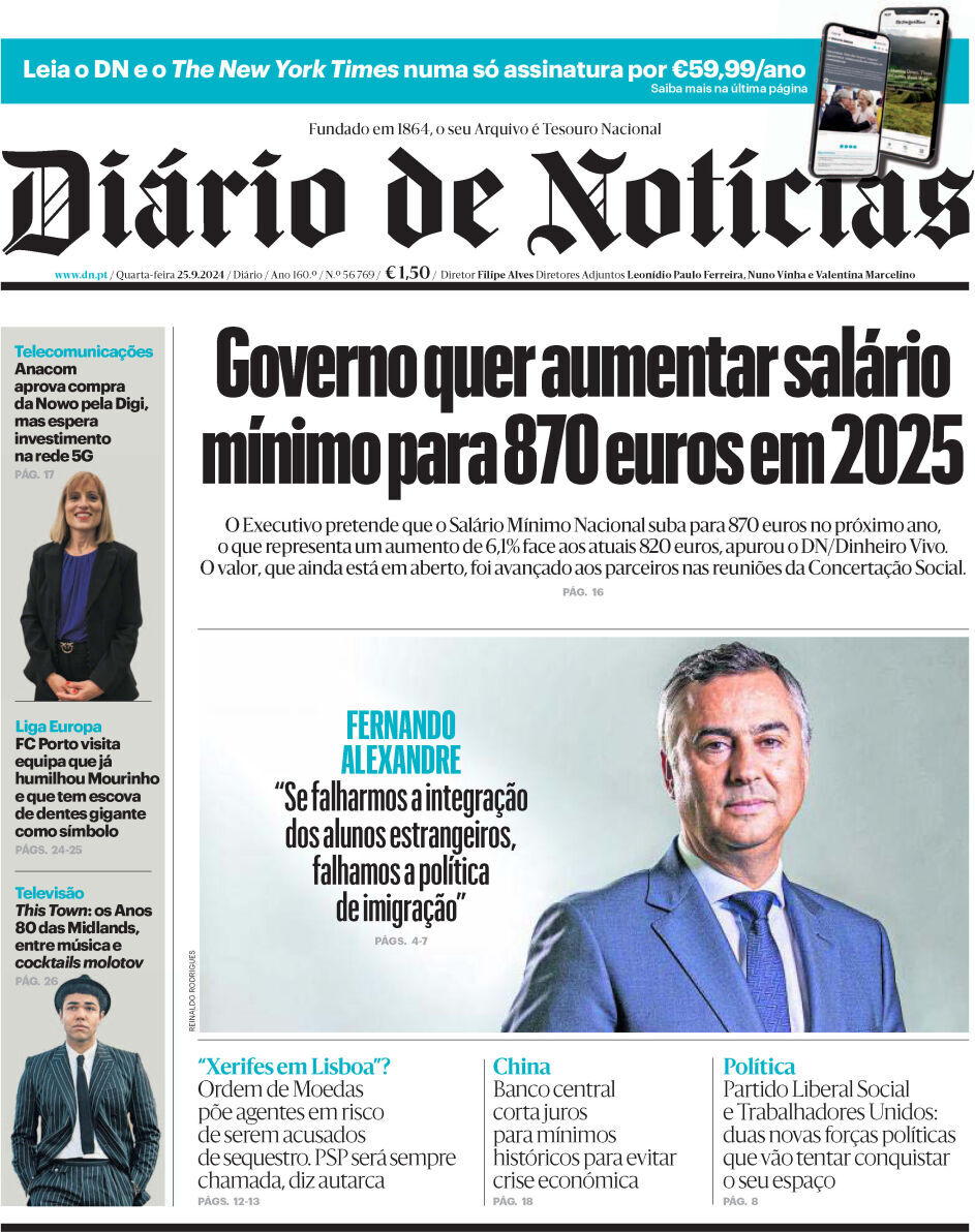 Di&aacute;rio de Not&iacute;cias: Capa da Edi&ccedil;&atilde;o de quarta-feira, 25 de setembro 2024