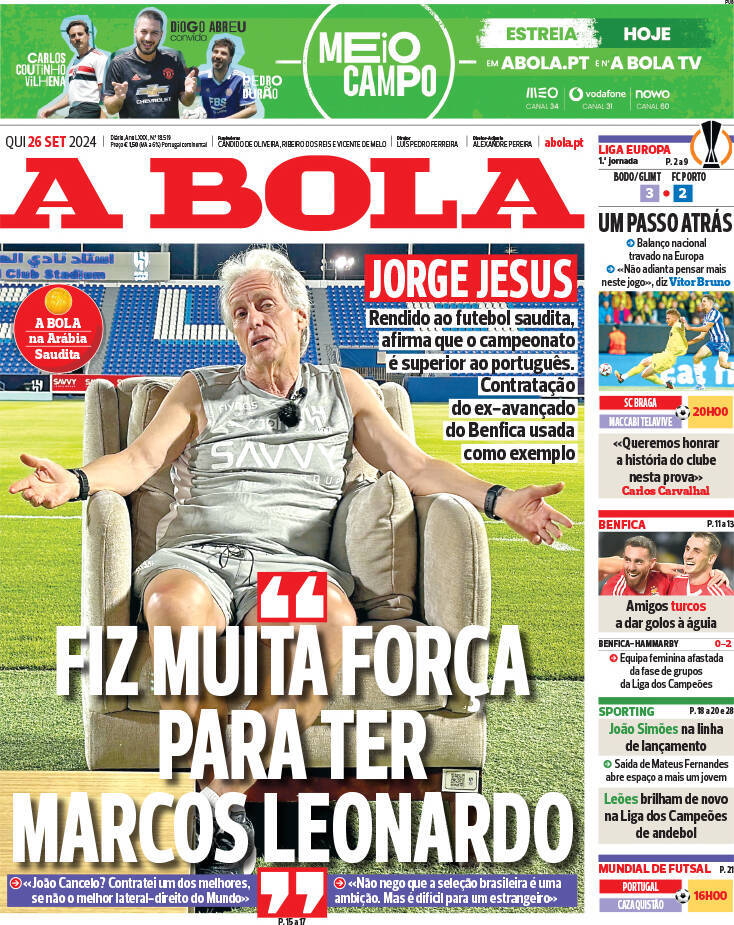 A Bola: Capa da Edi&ccedil;&atilde;o de quinta-feira, 26 de setembro 2024