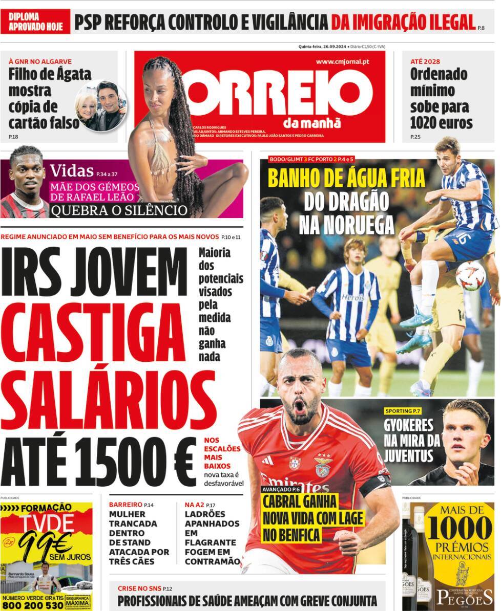 Correio da Manh&atilde;: Capa da Edi&ccedil;&atilde;o de quinta-feira, 26 de setembro 2024