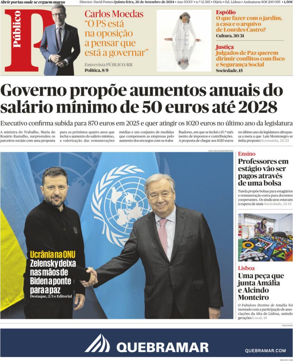 P&uacute;blico: Capa da Edi&ccedil;&atilde;o de quinta-feira, 26 de setembro 2024