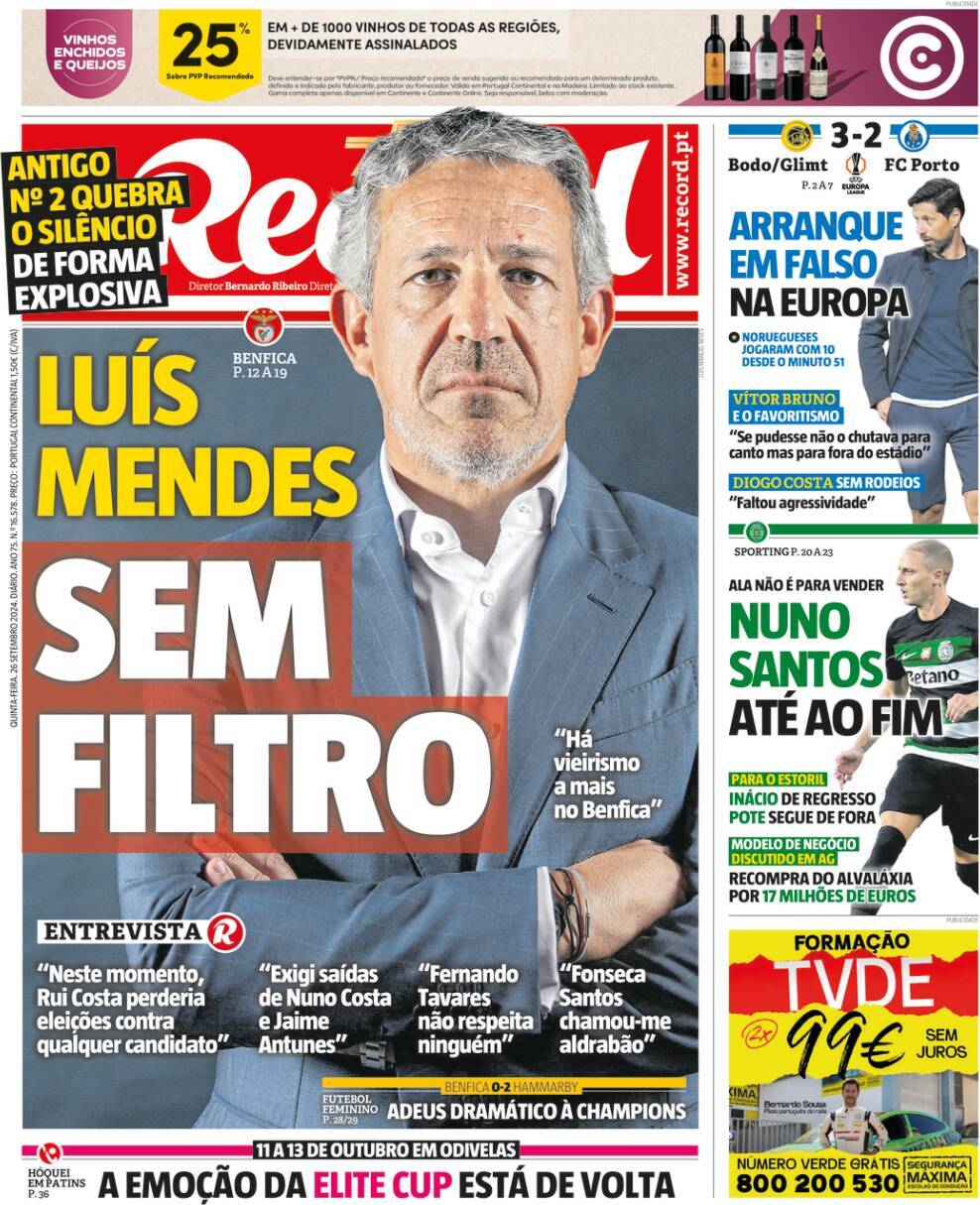 Record: Capa da Edi&ccedil;&atilde;o de quinta-feira, 26 de setembro 2024