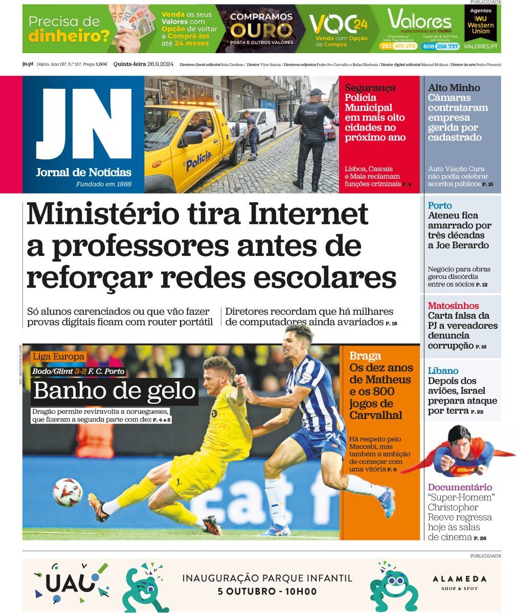 Jornal de Not&iacute;cias: Capa da Edi&ccedil;&atilde;o de quinta-feira, 26 de setembro 2024