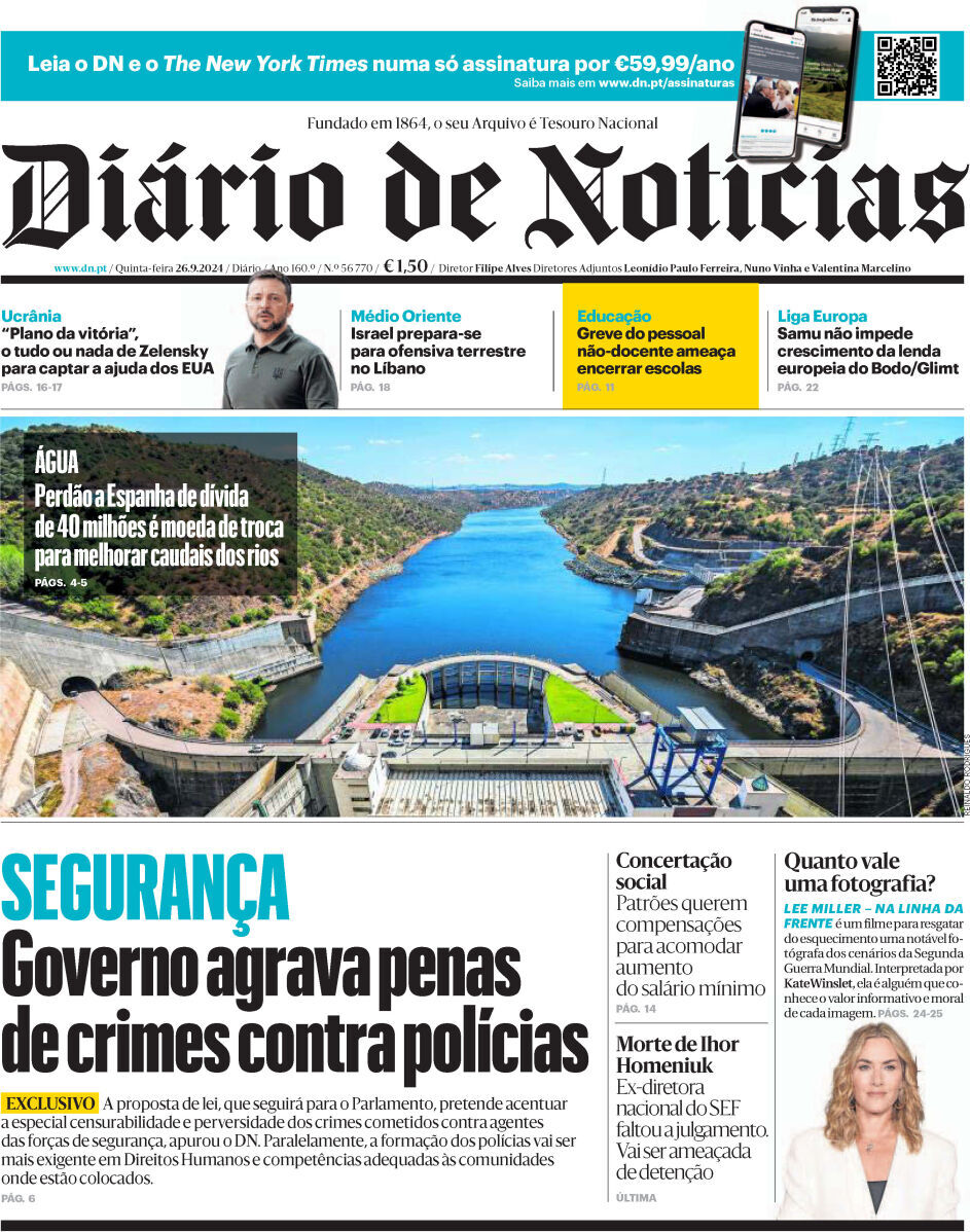 Di&aacute;rio de Not&iacute;cias: Capa da Edi&ccedil;&atilde;o de quinta-feira, 26 de setembro 2024