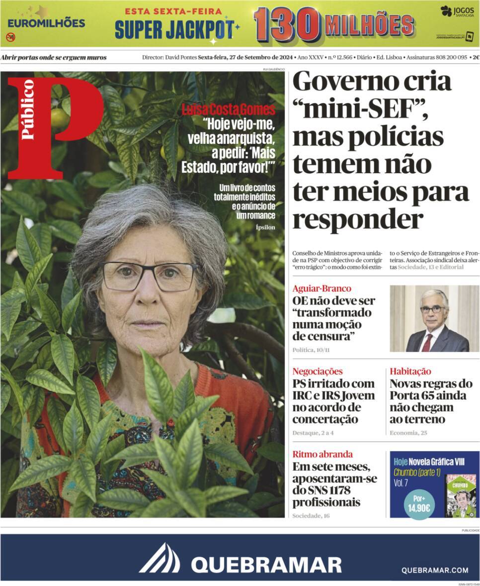 P&uacute;blico: Capa da Edi&ccedil;&atilde;o de sexta-feira, 27 de setembro 2024