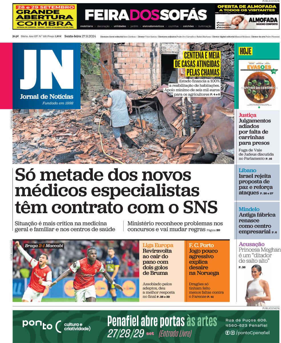 Jornal de Not&iacute;cias: Capa da Edi&ccedil;&atilde;o de sexta-feira, 27 de setembro 2024