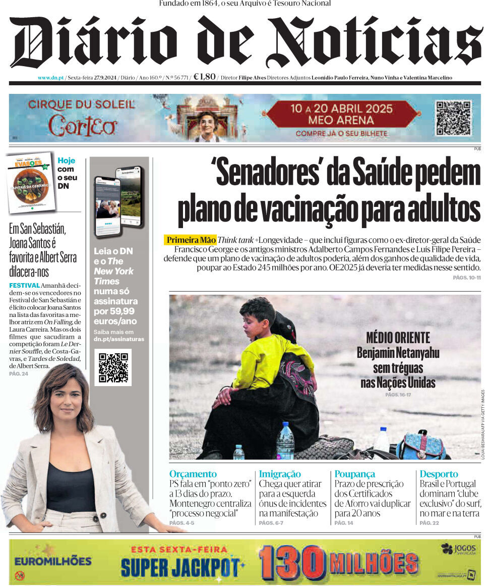Di&aacute;rio de Not&iacute;cias: Capa da Edi&ccedil;&atilde;o de sexta-feira, 27 de setembro 2024