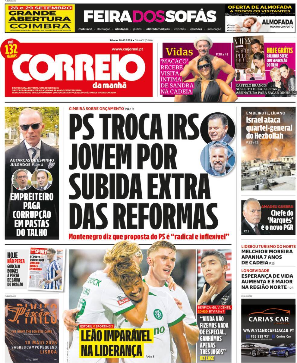 Correio da Manh&atilde;: Capa da Edi&ccedil;&atilde;o de s&aacute;bado, 28 de setembro 2024