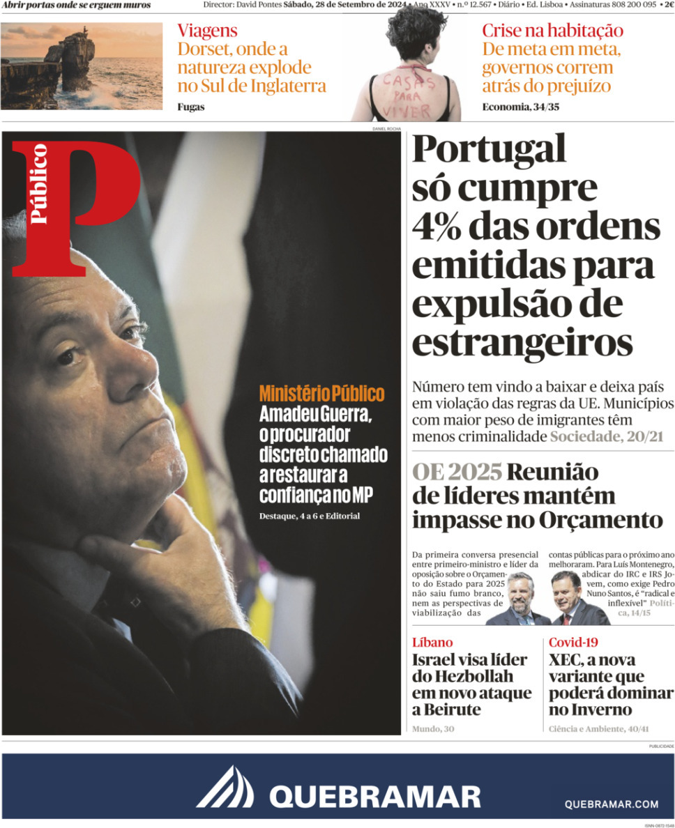 P&uacute;blico: Capa da Edi&ccedil;&atilde;o de s&aacute;bado, 28 de setembro 2024