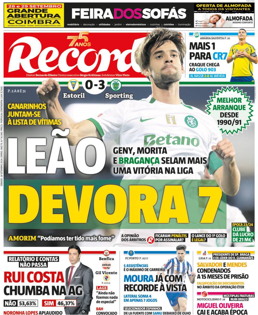 Record: Capa da Edi&ccedil;&atilde;o de s&aacute;bado, 28 de setembro 2024