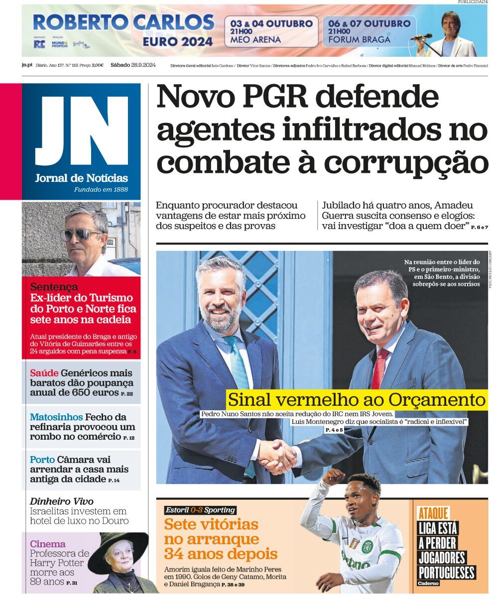 Jornal de Not&iacute;cias: Capa da Edi&ccedil;&atilde;o de s&aacute;bado, 28 de setembro 2024