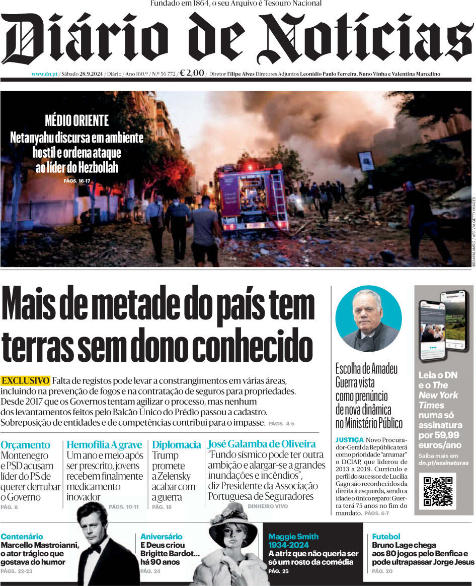 Di&aacute;rio de Not&iacute;cias: Capa da Edi&ccedil;&atilde;o de s&aacute;bado, 28 de setembro 2024