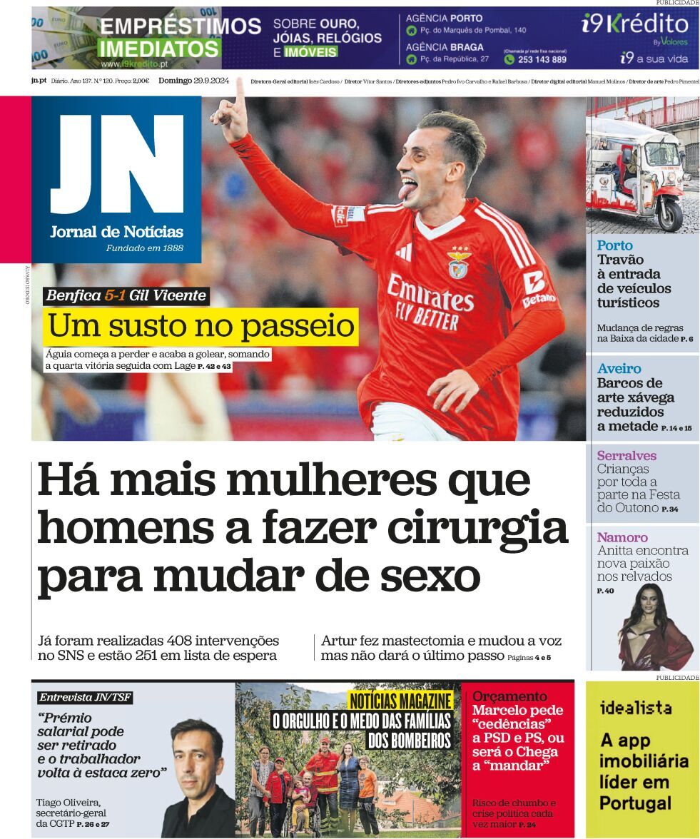 Jornal de Not&iacute;cias: Capa da Edi&ccedil;&atilde;o de domingo, 29 de setembro 2024