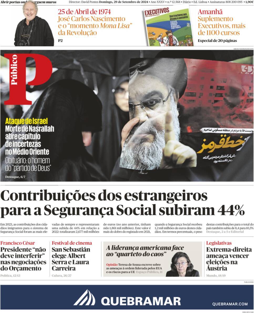 P&uacute;blico: Capa da Edi&ccedil;&atilde;o de domingo, 29 de setembro 2024