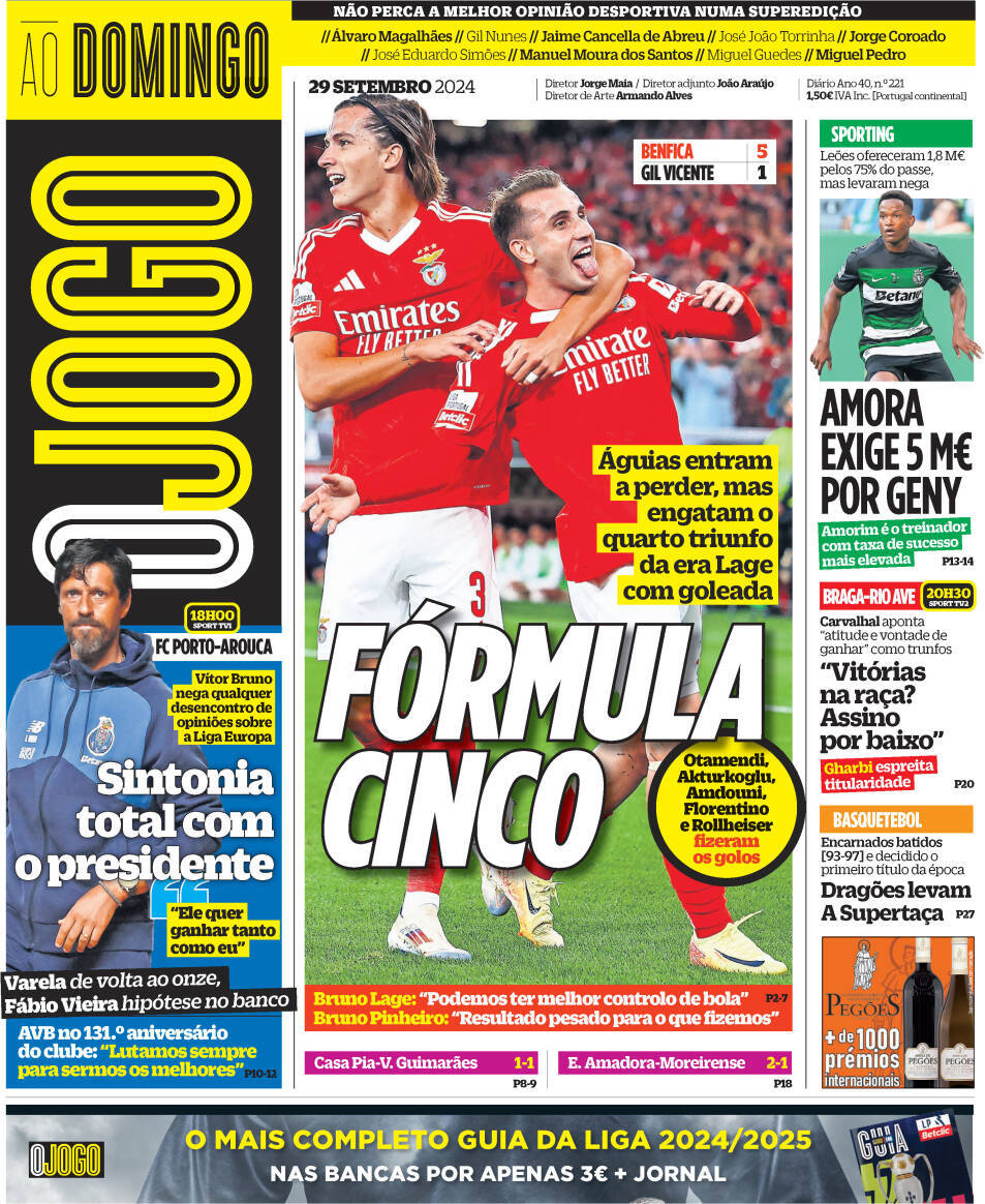 O Jogo: Capa da Edi&ccedil;&atilde;o de domingo, 29 de setembro 2024