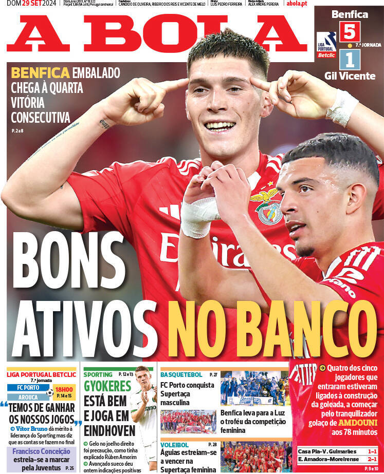 A Bola: Capa da Edi&ccedil;&atilde;o de domingo, 29 de setembro 2024