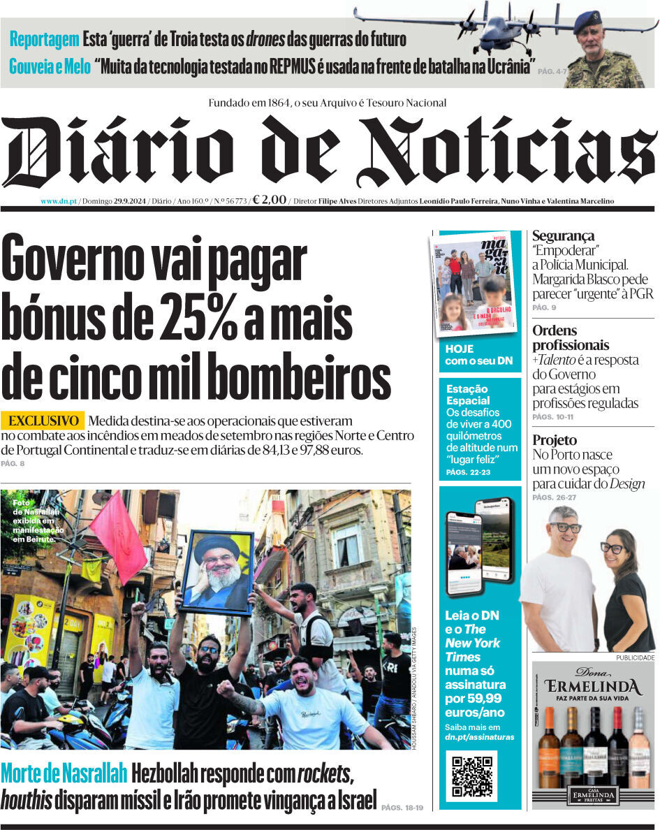 Di&aacute;rio de Not&iacute;cias: Capa da Edi&ccedil;&atilde;o de domingo, 29 de setembro 2024
