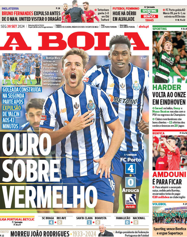 A Bola: Capa da Edi&ccedil;&atilde;o de segunda-feira, 30 de setembro 2024