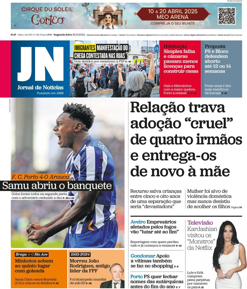 Jornal de Not&iacute;cias: Capa da Edi&ccedil;&atilde;o de segunda-feira, 30 de setembro 2024