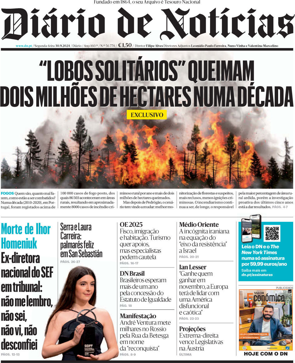 Di&aacute;rio de Not&iacute;cias: Capa da Edi&ccedil;&atilde;o de segunda-feira, 30 de setembro 2024