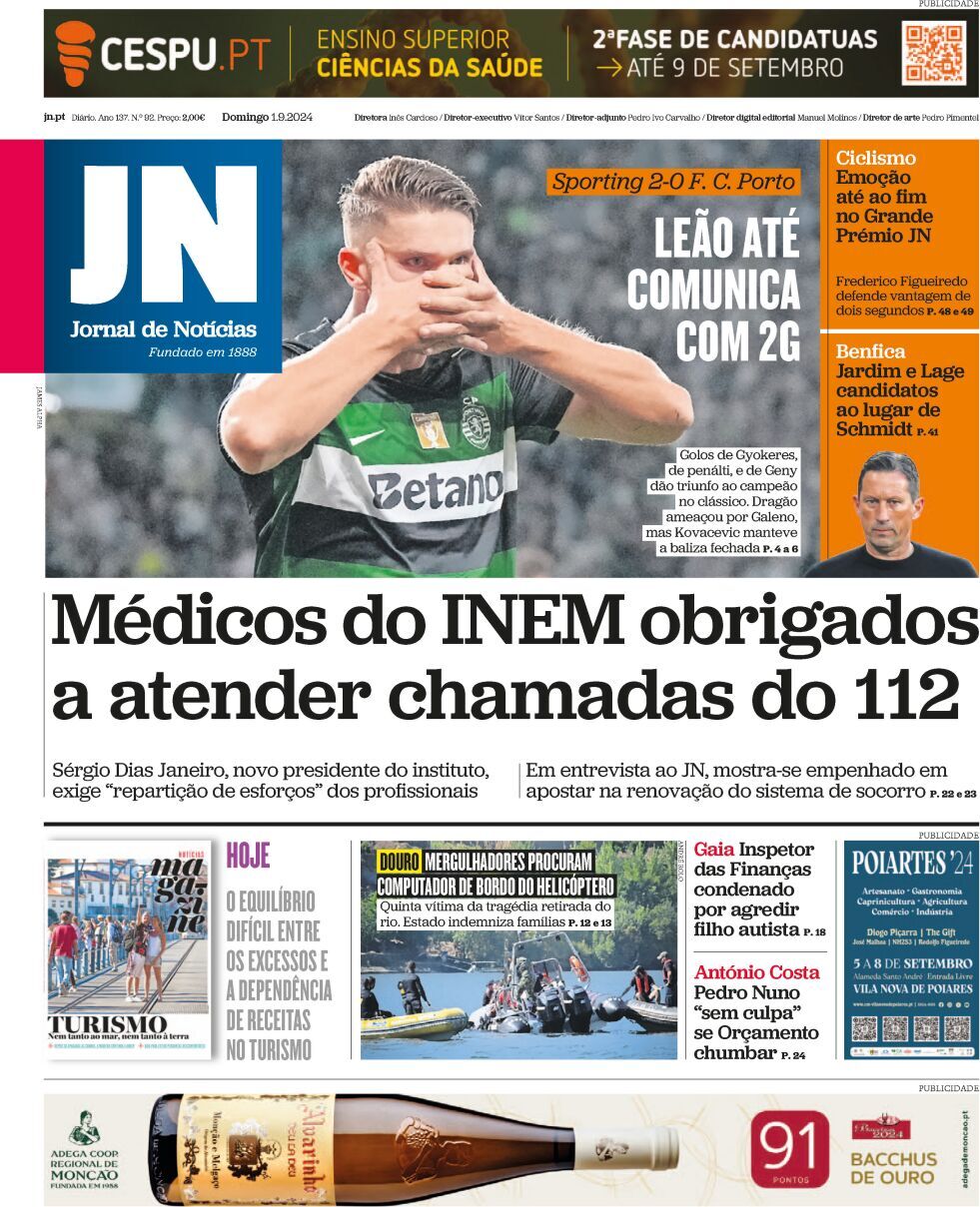 Jornal de Not&iacute;cias: Capa da Edi&ccedil;&atilde;o de domingo, 01 de setembro 2024