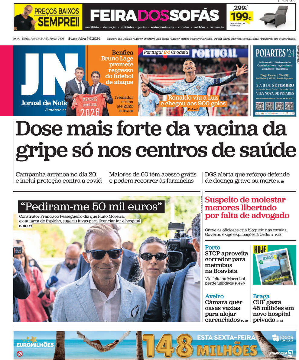 Jornal de Not&iacute;cias: Capa da Edi&ccedil;&atilde;o de sexta-feira, 06 de setembro 2024