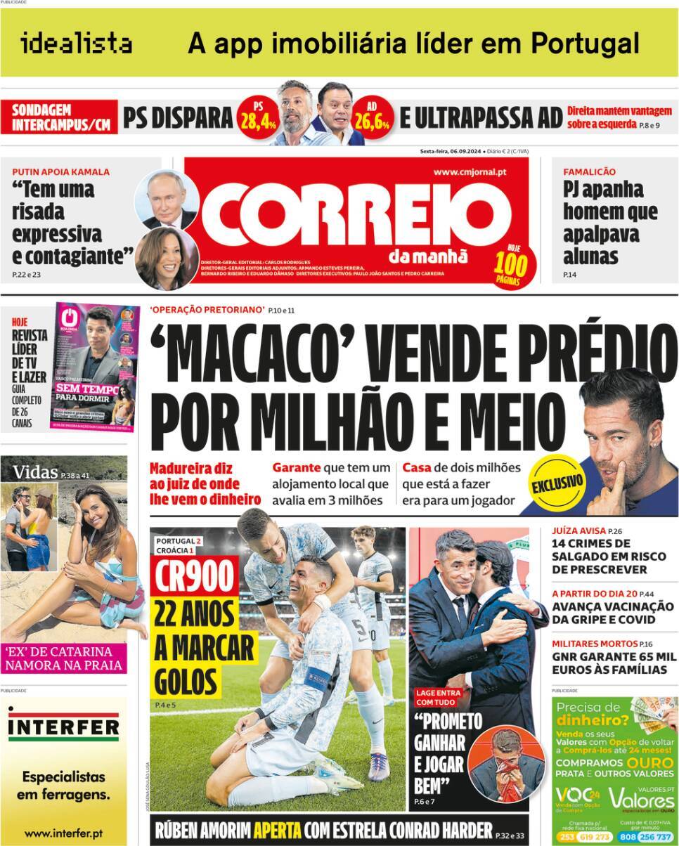 Correio da Manh&atilde;: Capa da Edi&ccedil;&atilde;o de sexta-feira, 06 de setembro 2024