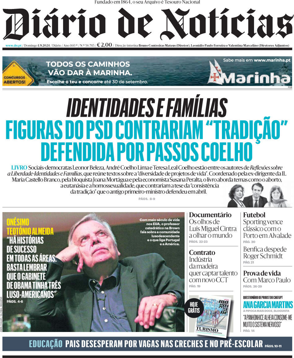 Di&aacute;rio de Not&iacute;cias: Capa da Edi&ccedil;&atilde;o de domingo, 01 de setembro 2024