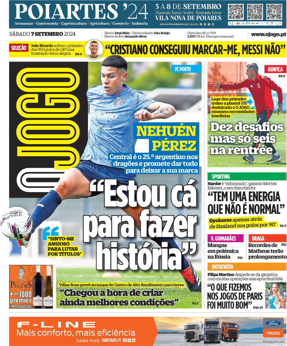 O Jogo: Capa da Edi&ccedil;&atilde;o de s&aacute;bado, 07 de setembro 2024