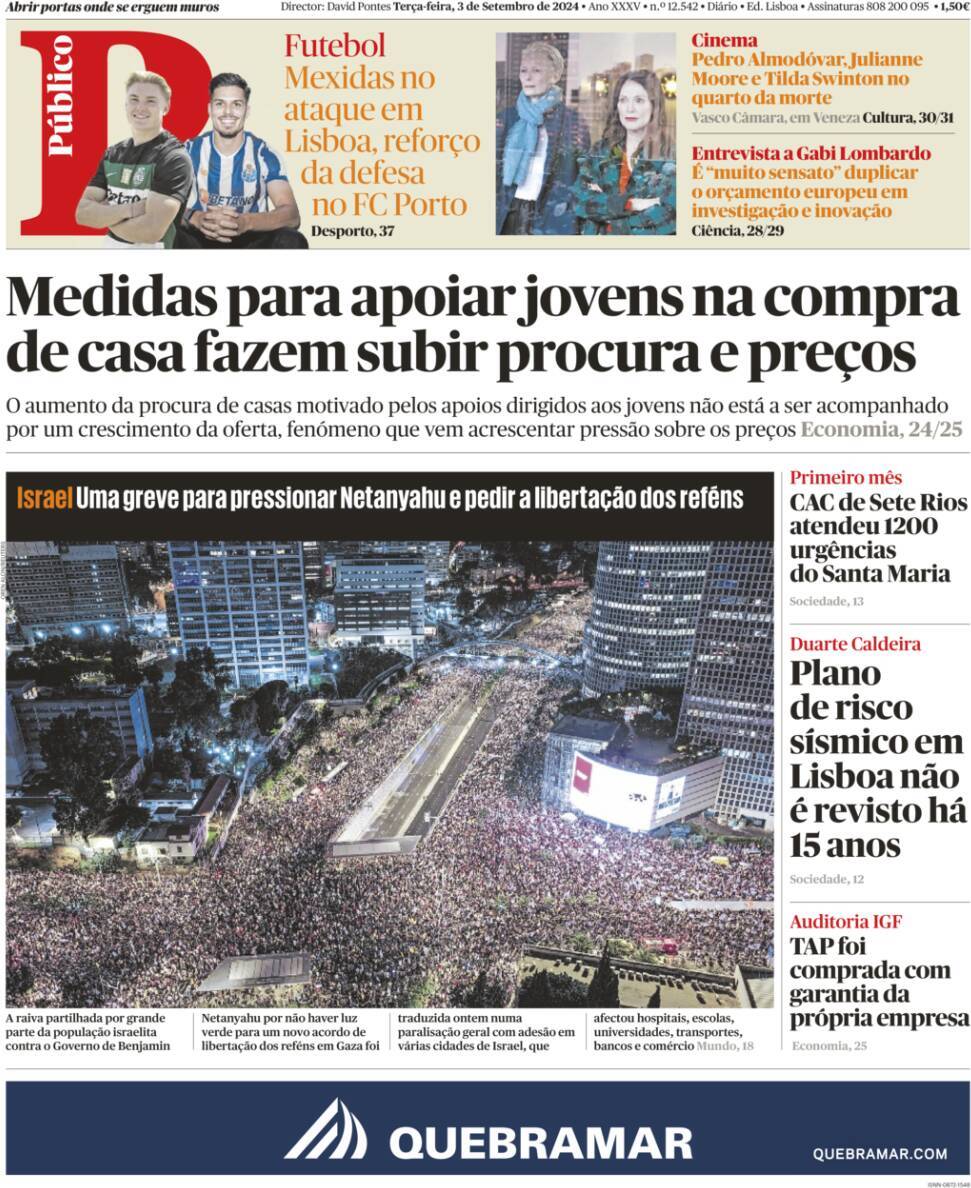 P&uacute;blico: Capa da Edi&ccedil;&atilde;o de ter&ccedil;a-feira, 03 de setembro 2024