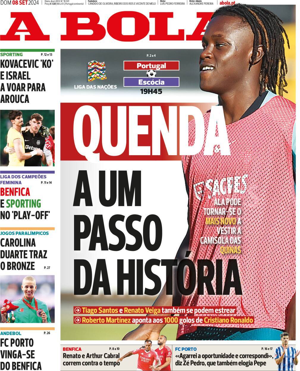 A Bola: Capa da Edi&ccedil;&atilde;o de domingo, 08 de setembro 2024