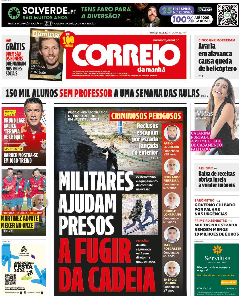 Correio da Manh&atilde;: Capa da Edi&ccedil;&atilde;o de domingo, 08 de setembro 2024