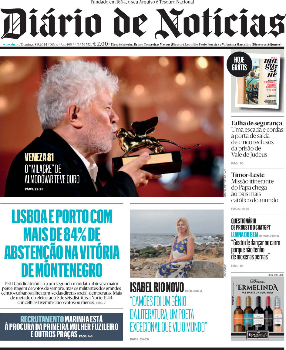 Di&aacute;rio de Not&iacute;cias: Capa da Edi&ccedil;&atilde;o de domingo, 08 de setembro 2024