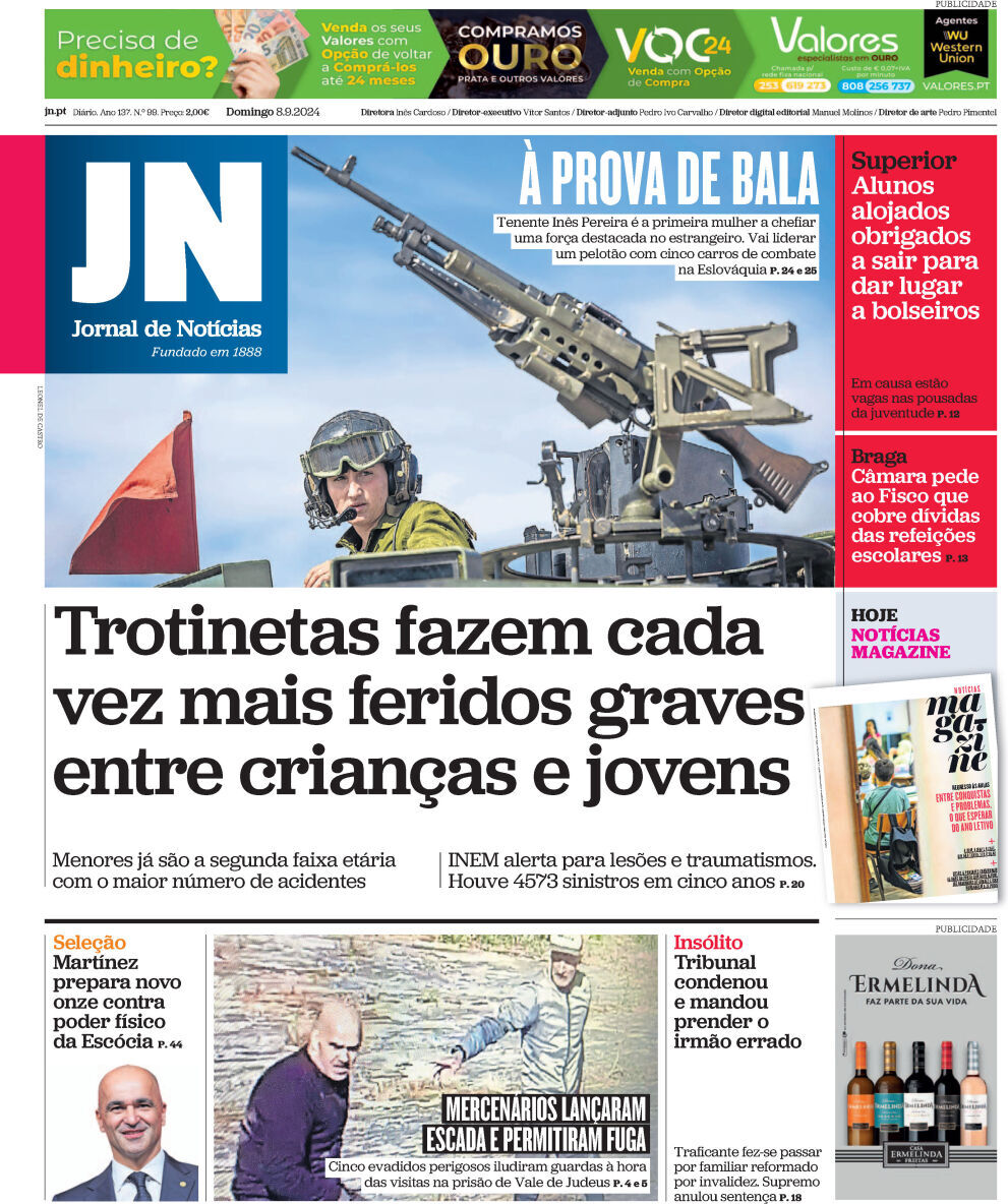 Jornal de Not&iacute;cias: Capa da Edi&ccedil;&atilde;o de domingo, 08 de setembro 2024