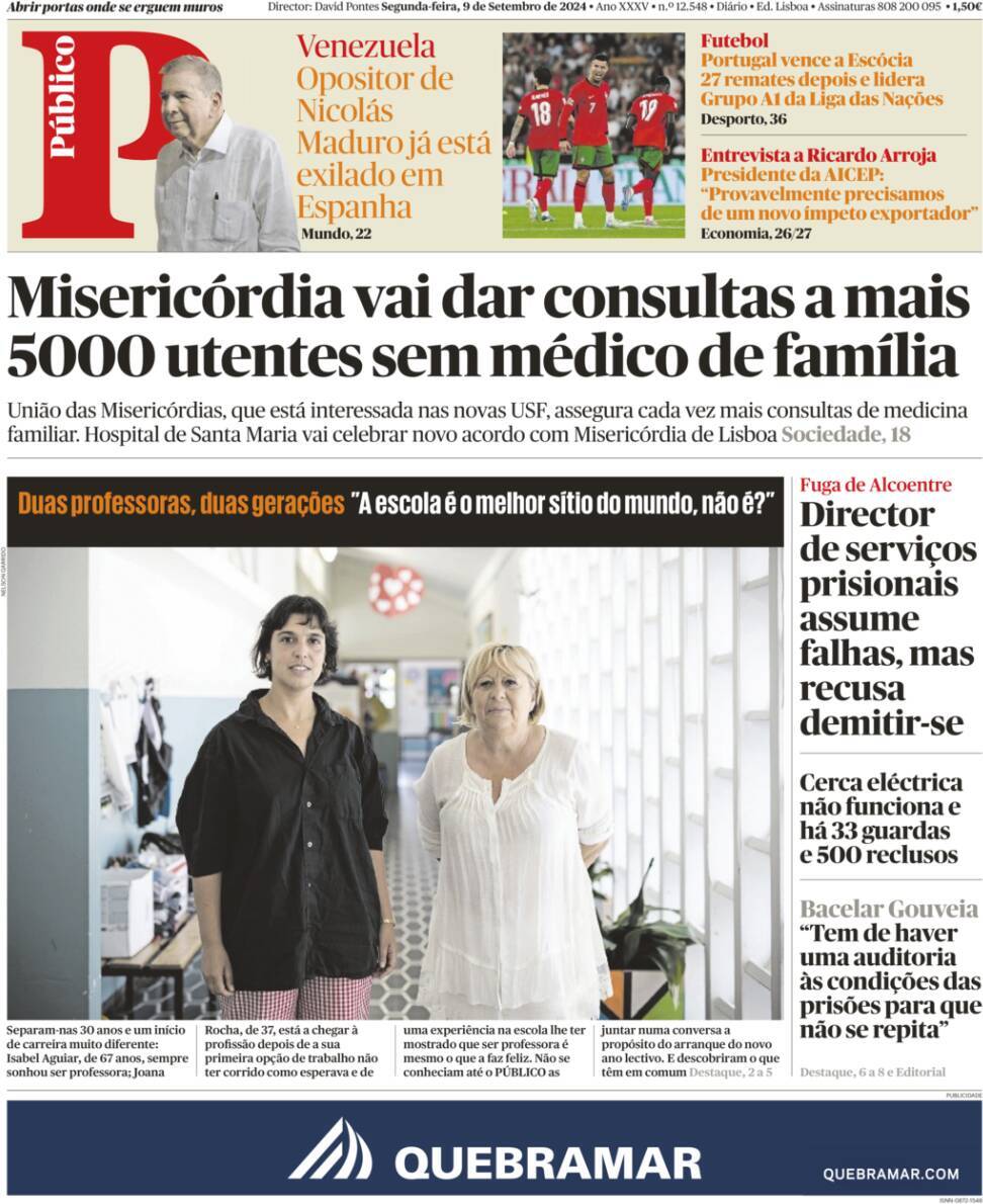 P&uacute;blico: Capa da Edi&ccedil;&atilde;o de segunda-feira, 09 de setembro 2024