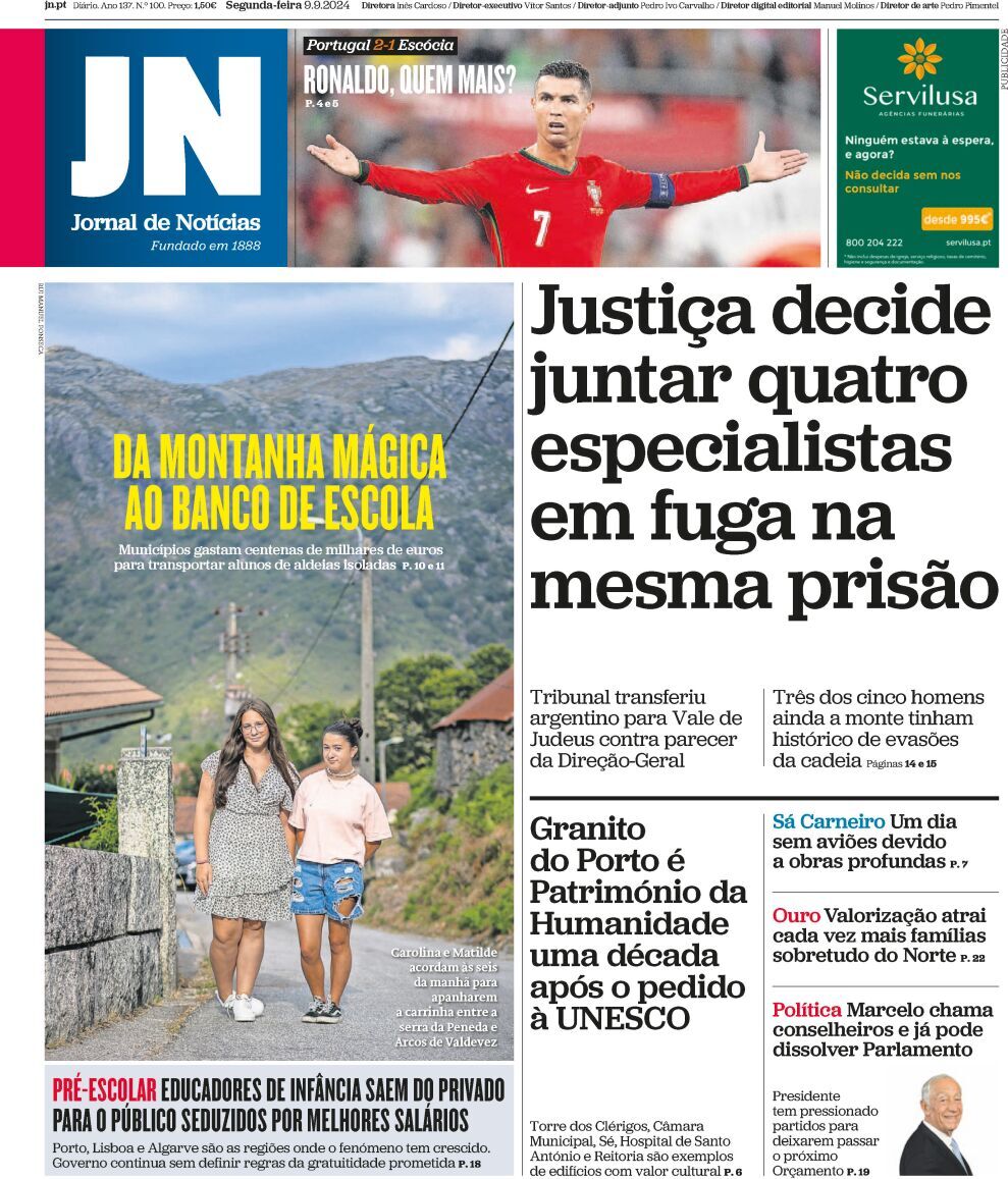Jornal de Not&iacute;cias: Capa da Edi&ccedil;&atilde;o de segunda-feira, 09 de setembro 2024