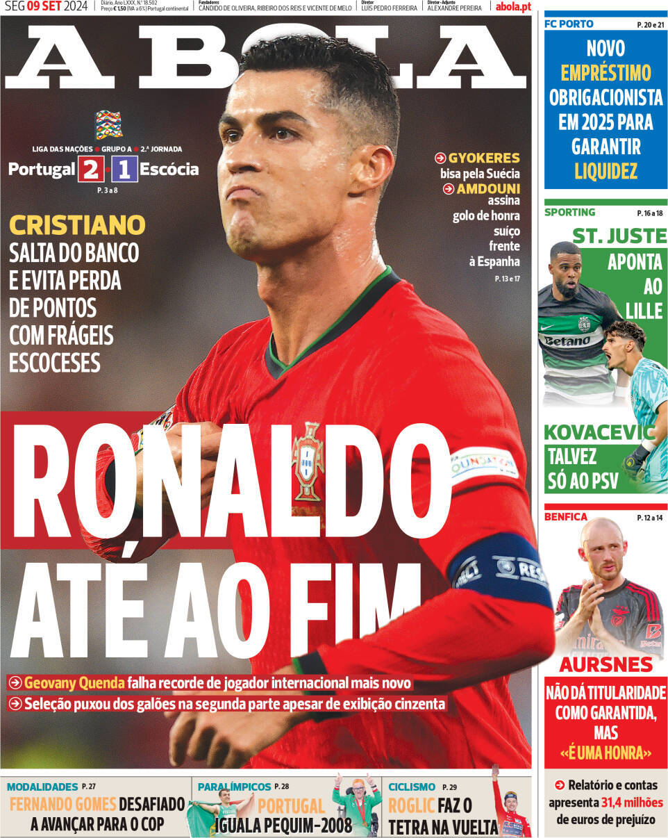 A Bola: Capa da Edi&ccedil;&atilde;o de segunda-feira, 09 de setembro 2024