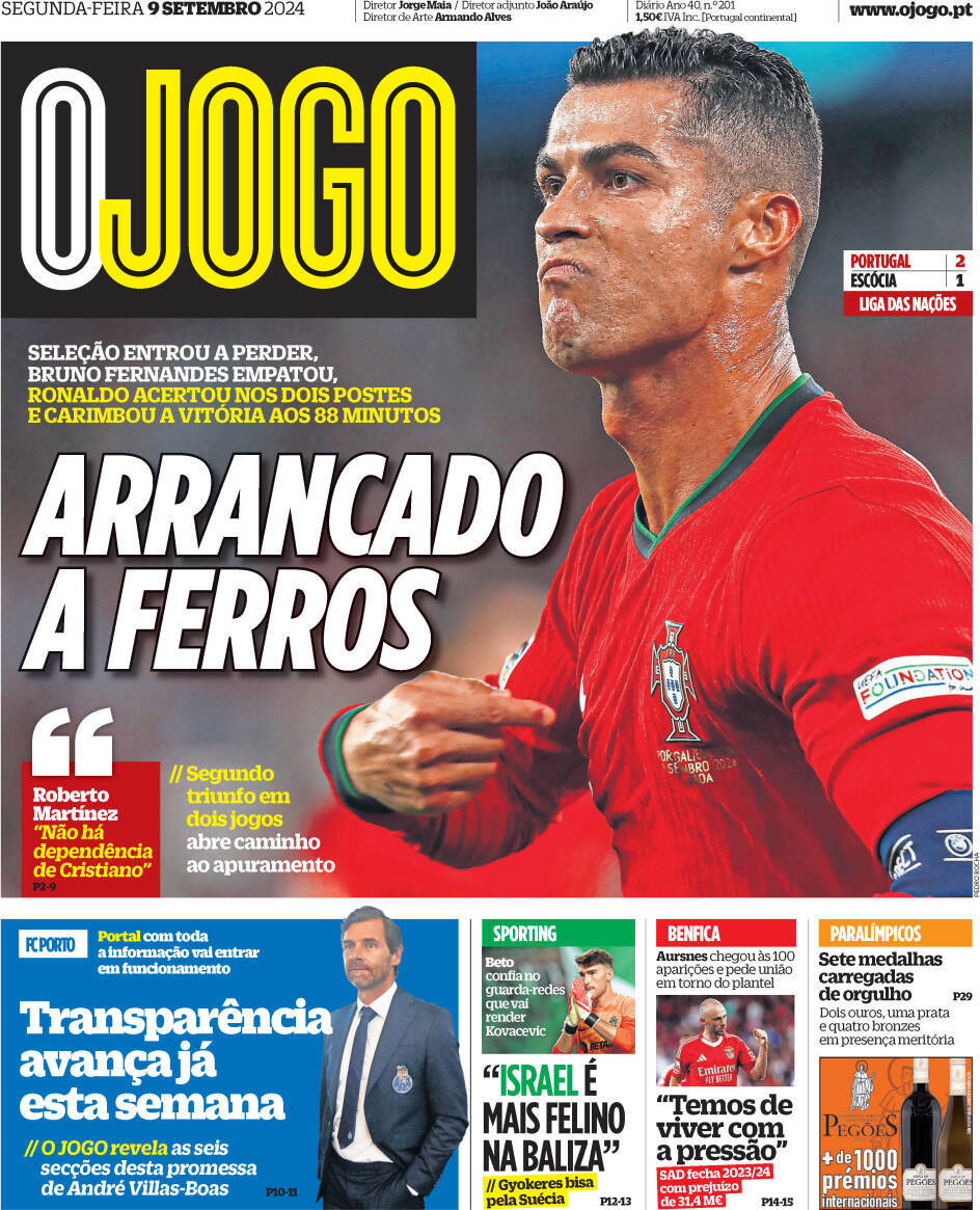 O Jogo: Capa da Edi&ccedil;&atilde;o de segunda-feira, 09 de setembro 2024