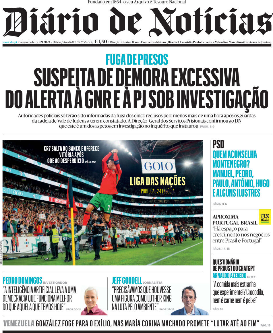 Di&aacute;rio de Not&iacute;cias: Capa da Edi&ccedil;&atilde;o de segunda-feira, 09 de setembro 2024