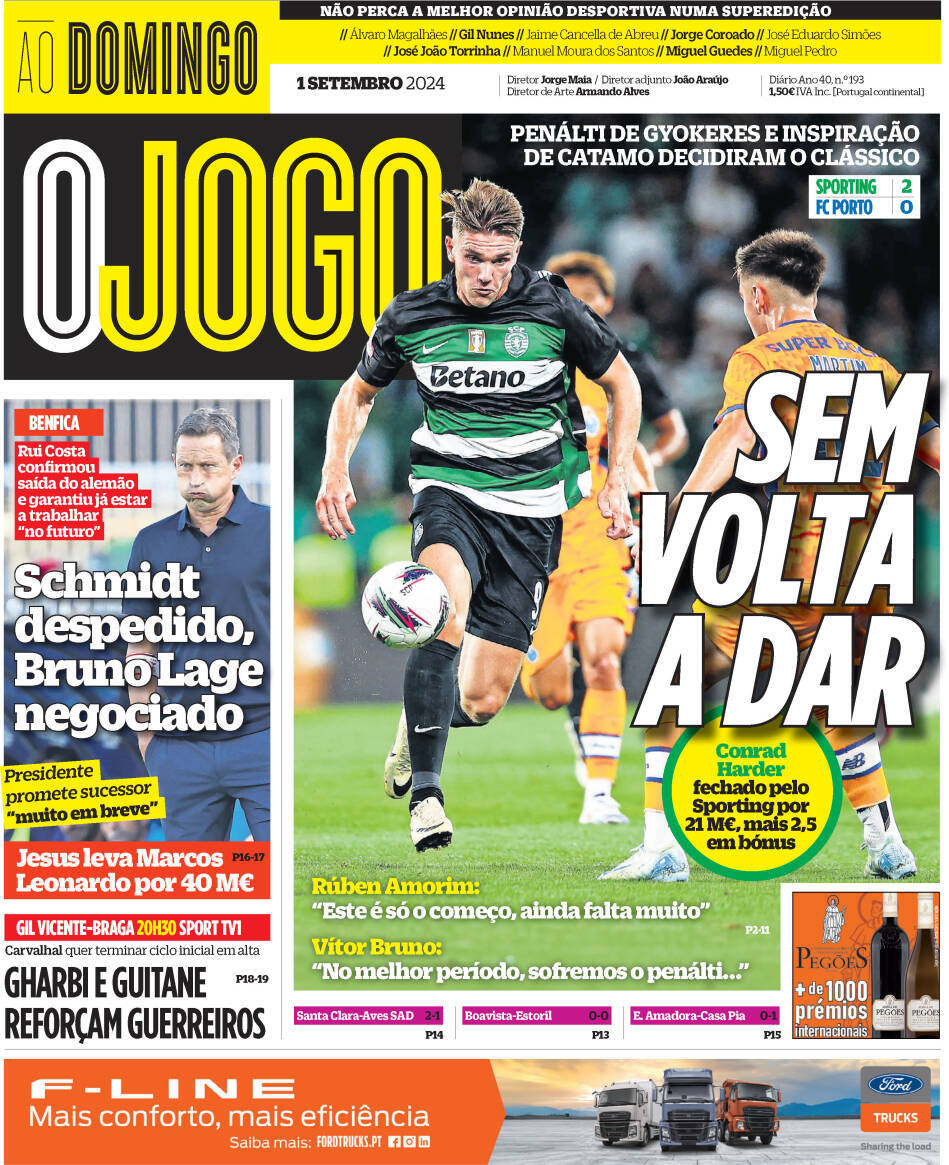 O Jogo: Capa da Edi&ccedil;&atilde;o de domingo, 01 de setembro 2024
