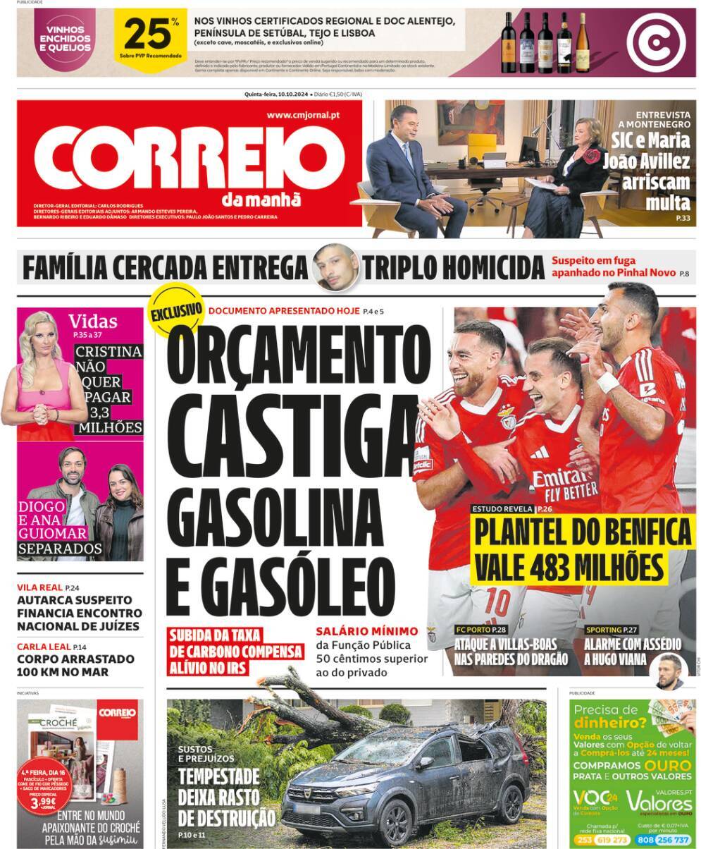 Correio da Manh&atilde;: Capa da Edi&ccedil;&atilde;o de quinta-feira, 10 de outubro 2024