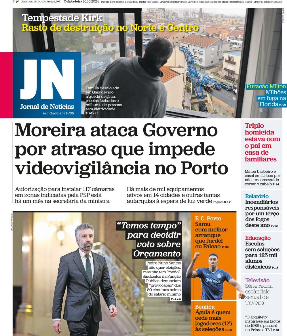 Jornal de Not&iacute;cias: Capa da Edi&ccedil;&atilde;o de quinta-feira, 10 de outubro 2024