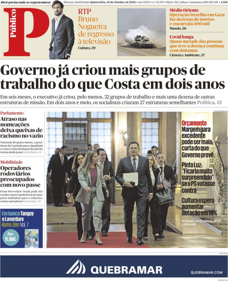 P&uacute;blico: Capa da Edi&ccedil;&atilde;o de quinta-feira, 10 de outubro 2024
