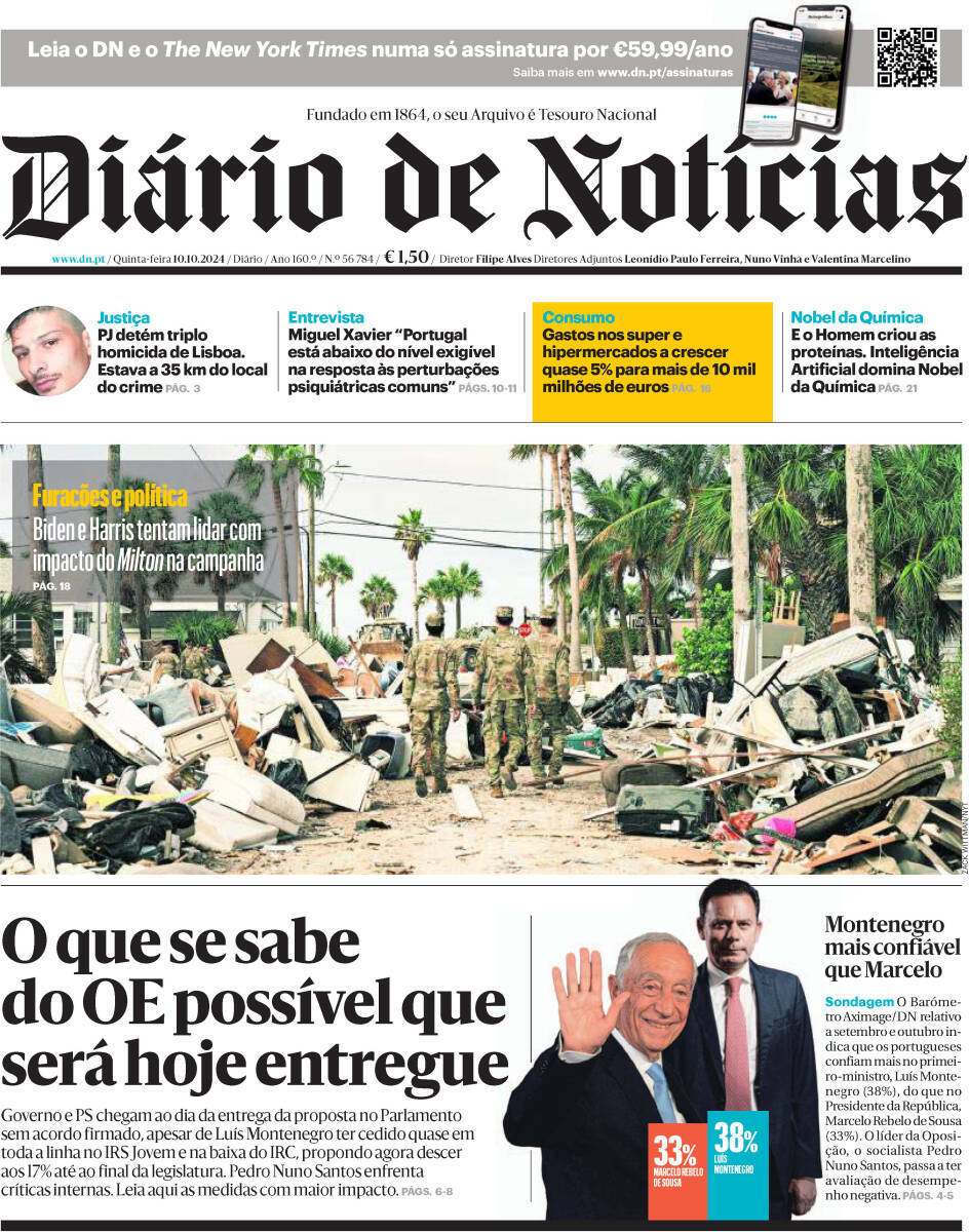 Di&aacute;rio de Not&iacute;cias: Capa da Edi&ccedil;&atilde;o de quinta-feira, 10 de outubro 2024