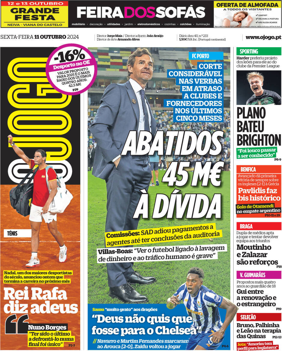 O Jogo: Capa da Edi&ccedil;&atilde;o de sexta-feira, 11 de outubro 2024