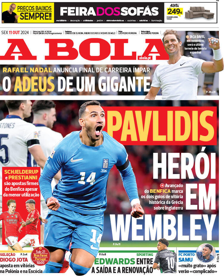 A Bola: Capa da Edi&ccedil;&atilde;o de sexta-feira, 11 de outubro 2024