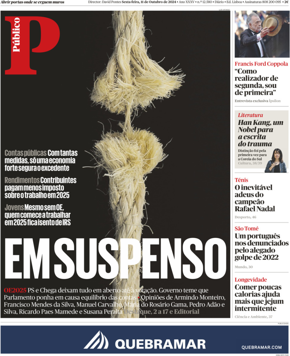 P&uacute;blico: Capa da Edi&ccedil;&atilde;o de sexta-feira, 11 de outubro 2024