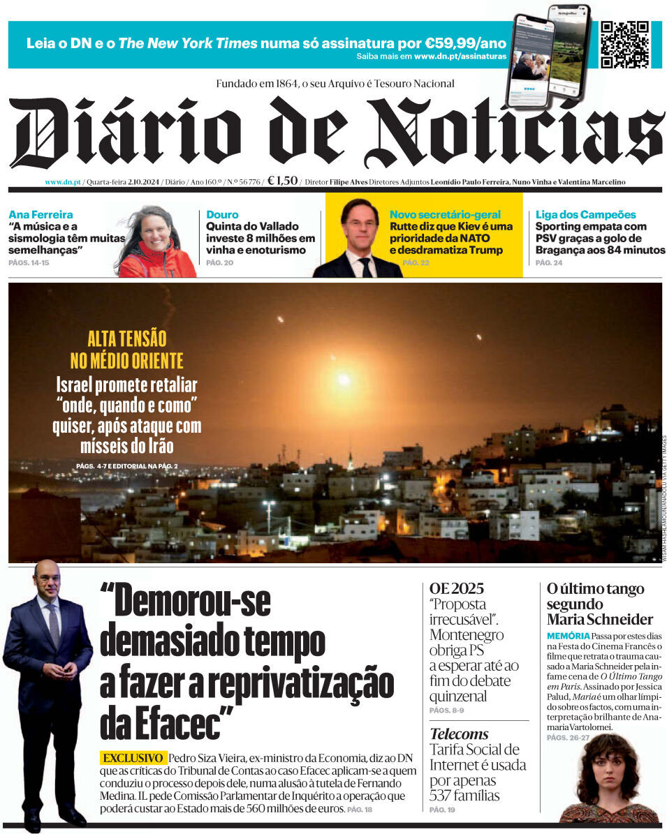 Di&aacute;rio de Not&iacute;cias: Capa da Edi&ccedil;&atilde;o de quarta-feira, 02 de outubro 2024