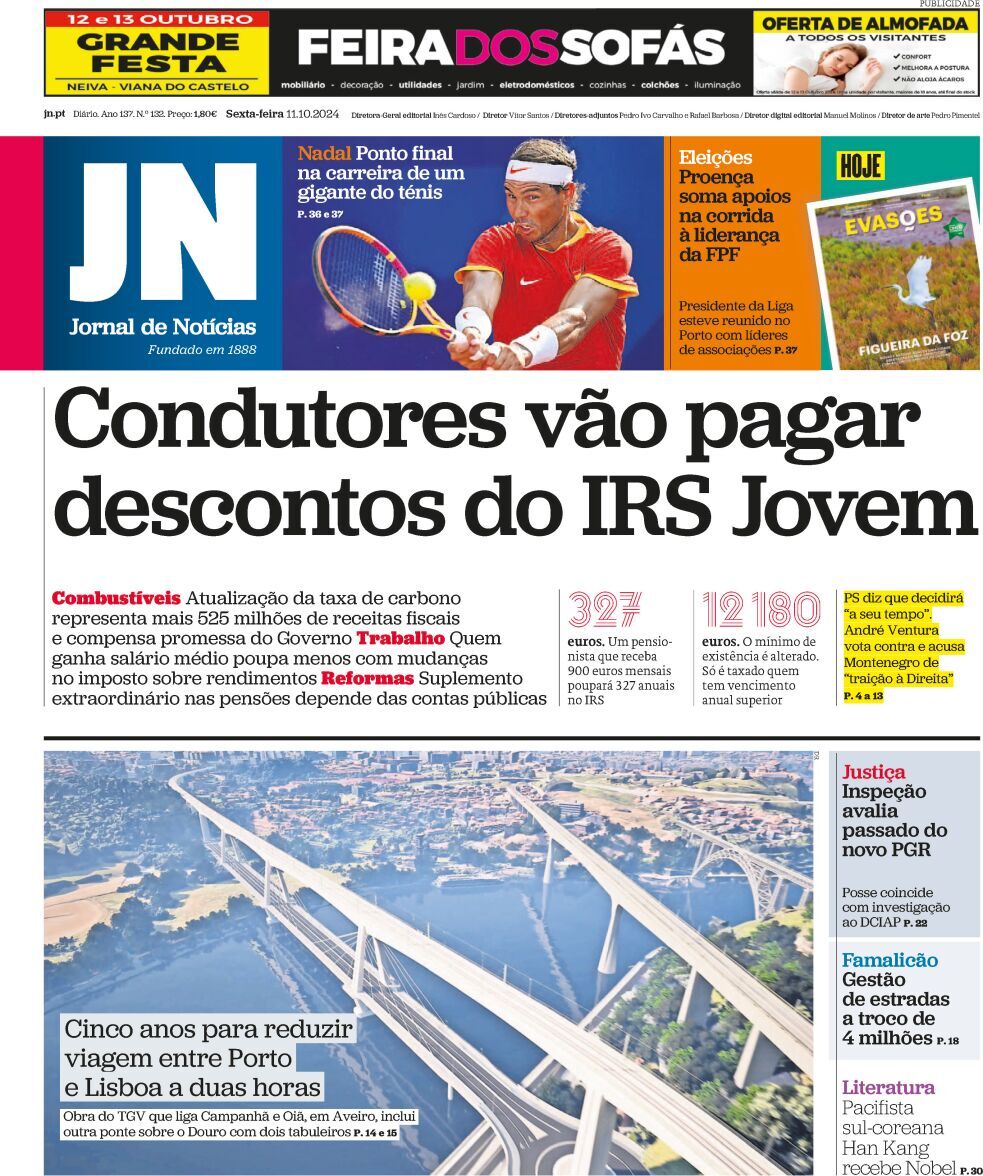 Jornal de Not&iacute;cias: Capa da Edi&ccedil;&atilde;o de sexta-feira, 11 de outubro 2024
