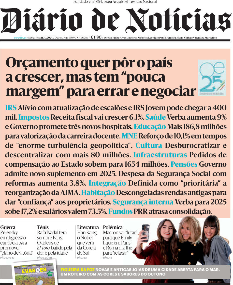 Di&aacute;rio de Not&iacute;cias: Capa da Edi&ccedil;&atilde;o de sexta-feira, 11 de outubro 2024
