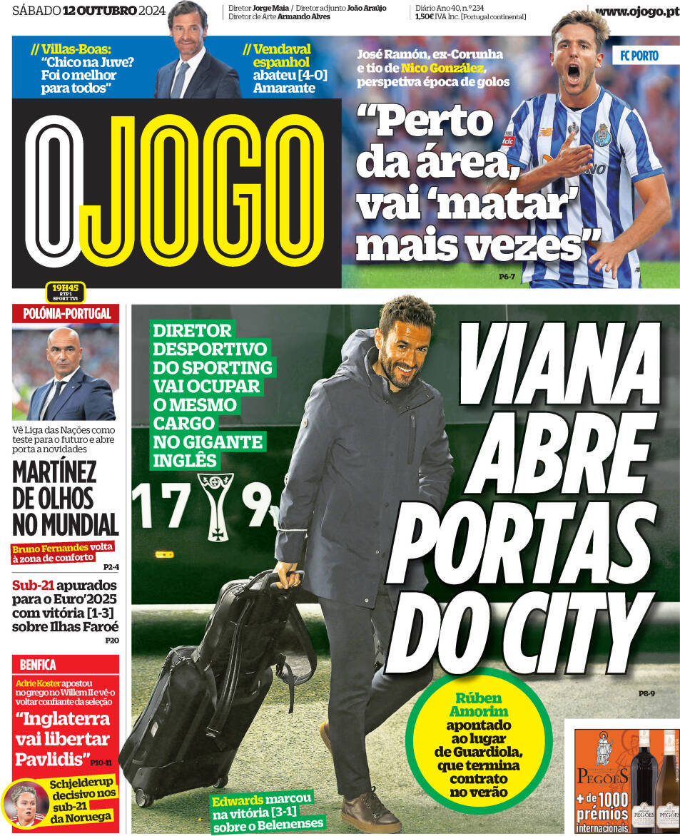 O Jogo: Capa da Edi&ccedil;&atilde;o de s&aacute;bado, 12 de outubro 2024